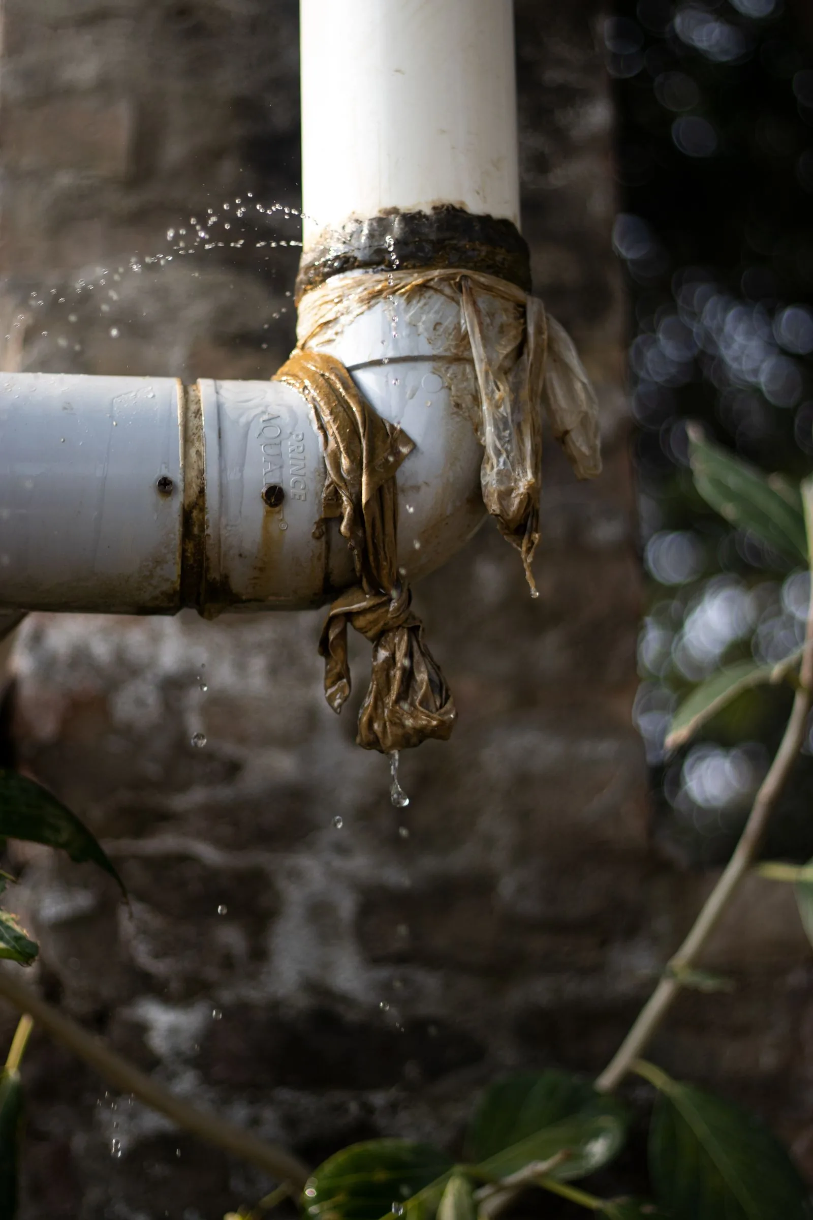 Close-up of a leaking pipe with water dripping from a joint